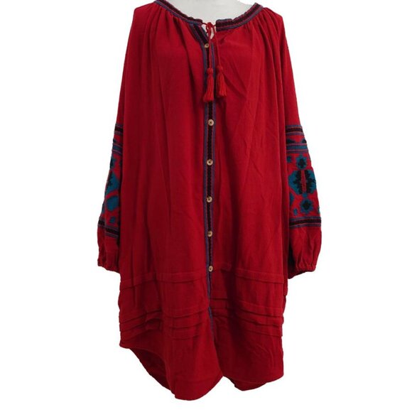 Free People In the Clear 100% Cotton Red Embroidered Shirt Tunic Dress - Picture 5 of 14